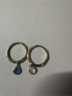 MONICA VINADER Gold Hoops with Blue and Clear Teardrop Gems stackable rings x 2